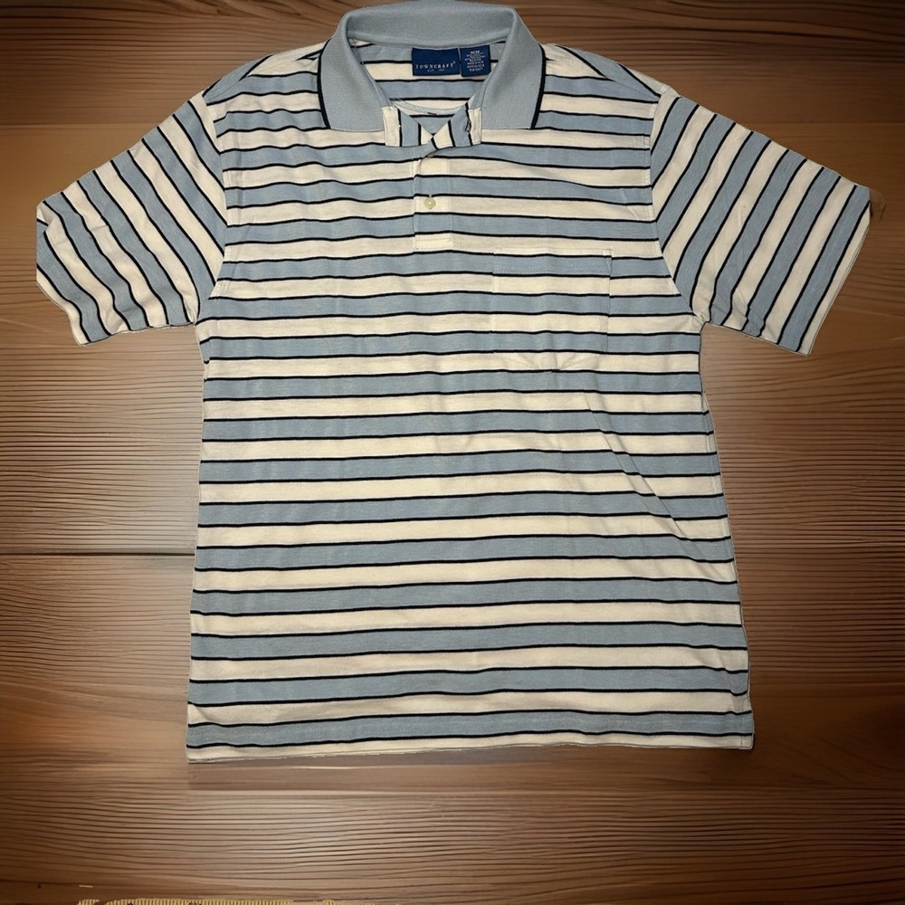 Vintage Towncraft Polo Shirt Men's Medium Blue White Striped Pocket Golf Preppy